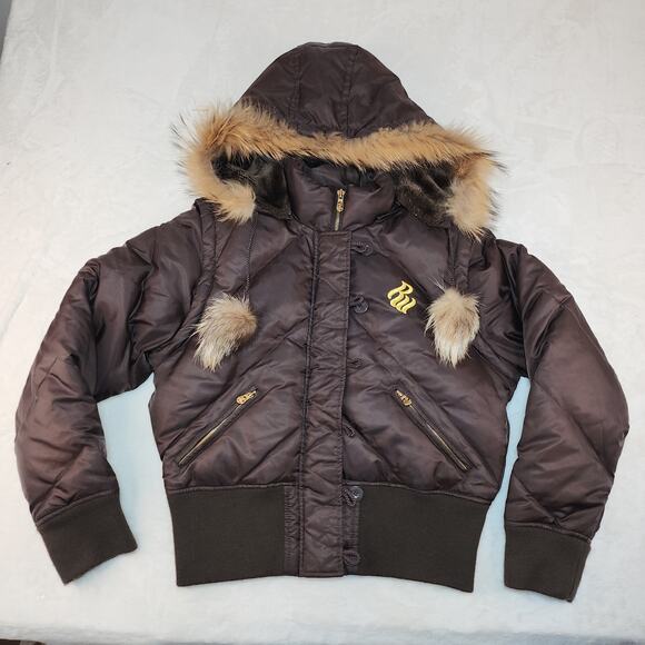 Vintage Y2k Rocawear Jacket Womens XL Down Filled Fur Trim Brown Bomber Brown - Picture 1 of 14